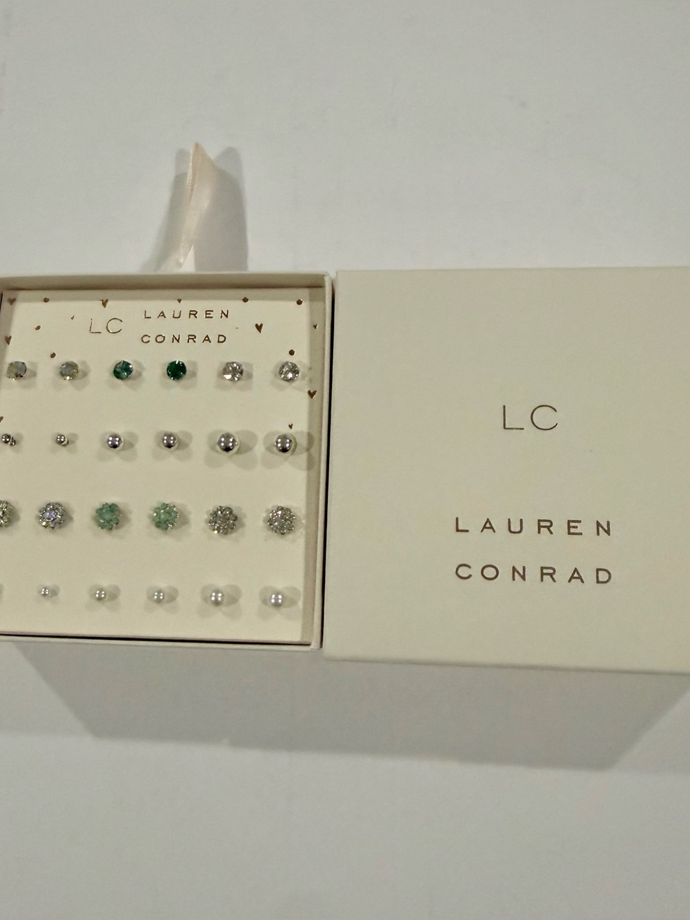 $22 LC Lauren Conrad 12-Pair Stud Earring Set - Green Silver cute gift box